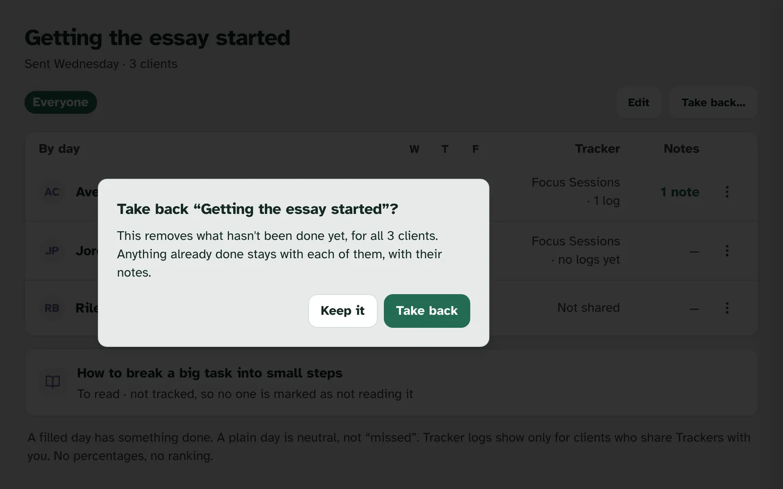 Take back “Getting the essay started”?, saying This removes what hasn't been done yet, for all 3 clients. Anything already done stays with each of them, with their notes., with Keep it and Take back