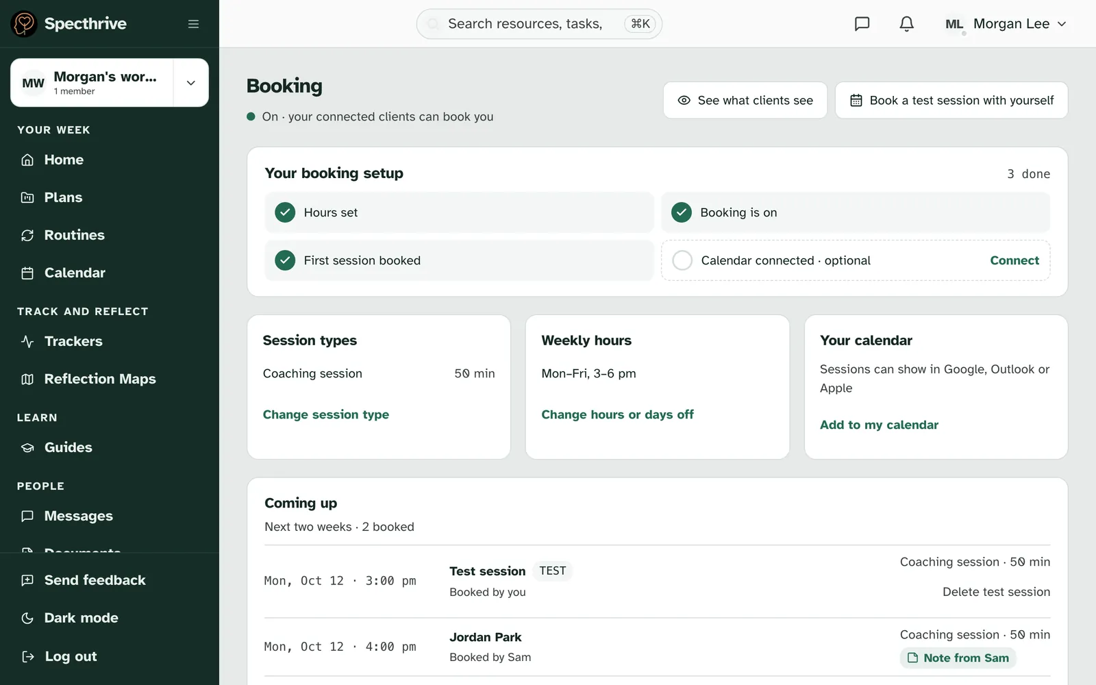 The Booking page once booking is on, with the setup checklist, session types, weekly hours and Coming up, where one session has a Note from Sam marker