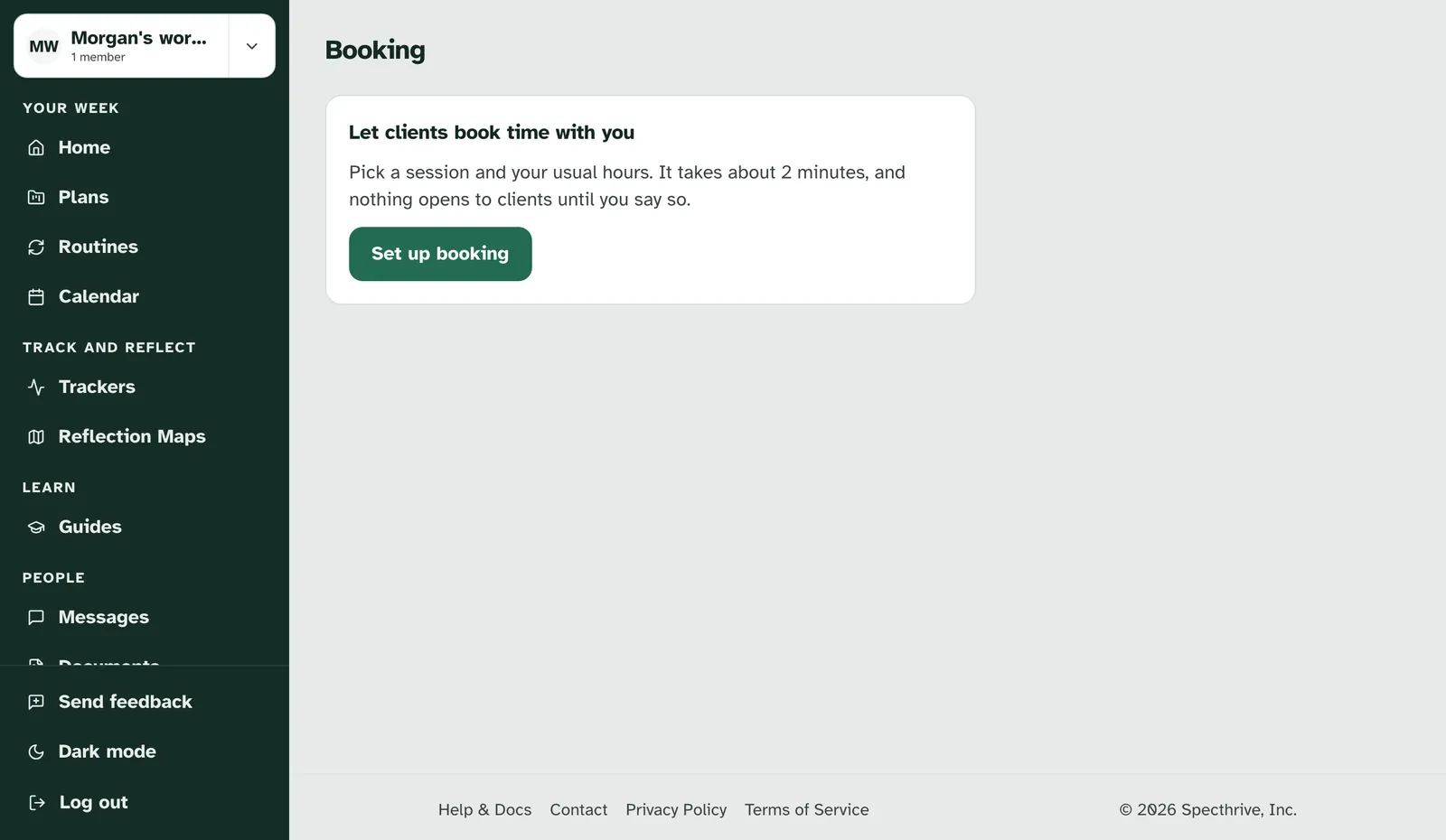 The Booking page before setup, with Let clients book time with you and a Set up booking button