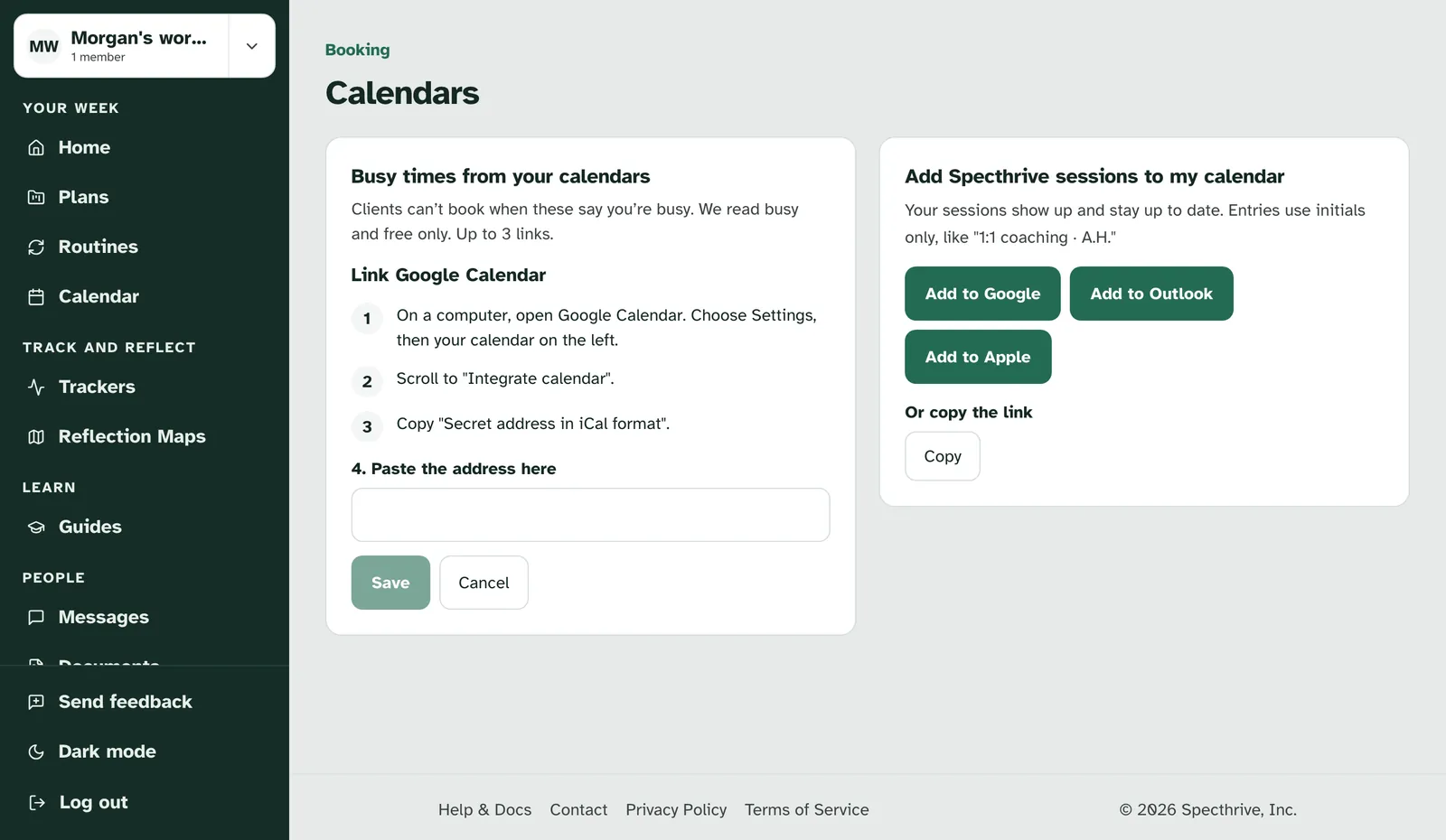 Link Google Calendar, with three steps and a box to paste the address
