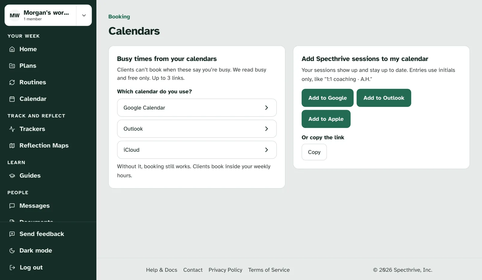 Calendars, with Busy times from your calendars offering Google Calendar, Outlook and iCloud, and Add Specthrive sessions to my calendar beside it