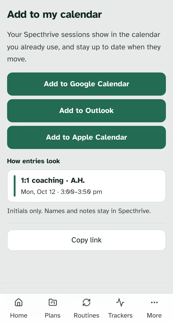 Add to my calendar on a phone, with buttons for Google Calendar, Outlook and Apple Calendar, and how an entry looks