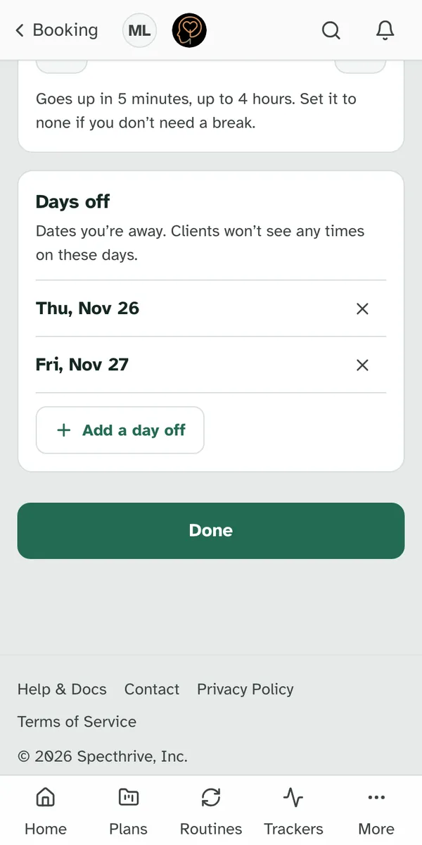 The same view on a phone, scrolled down to the days off and Done