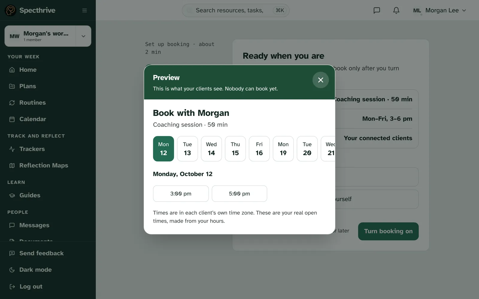 The preview over step 3, titled Preview, with Book with Morgan and Monday's open times