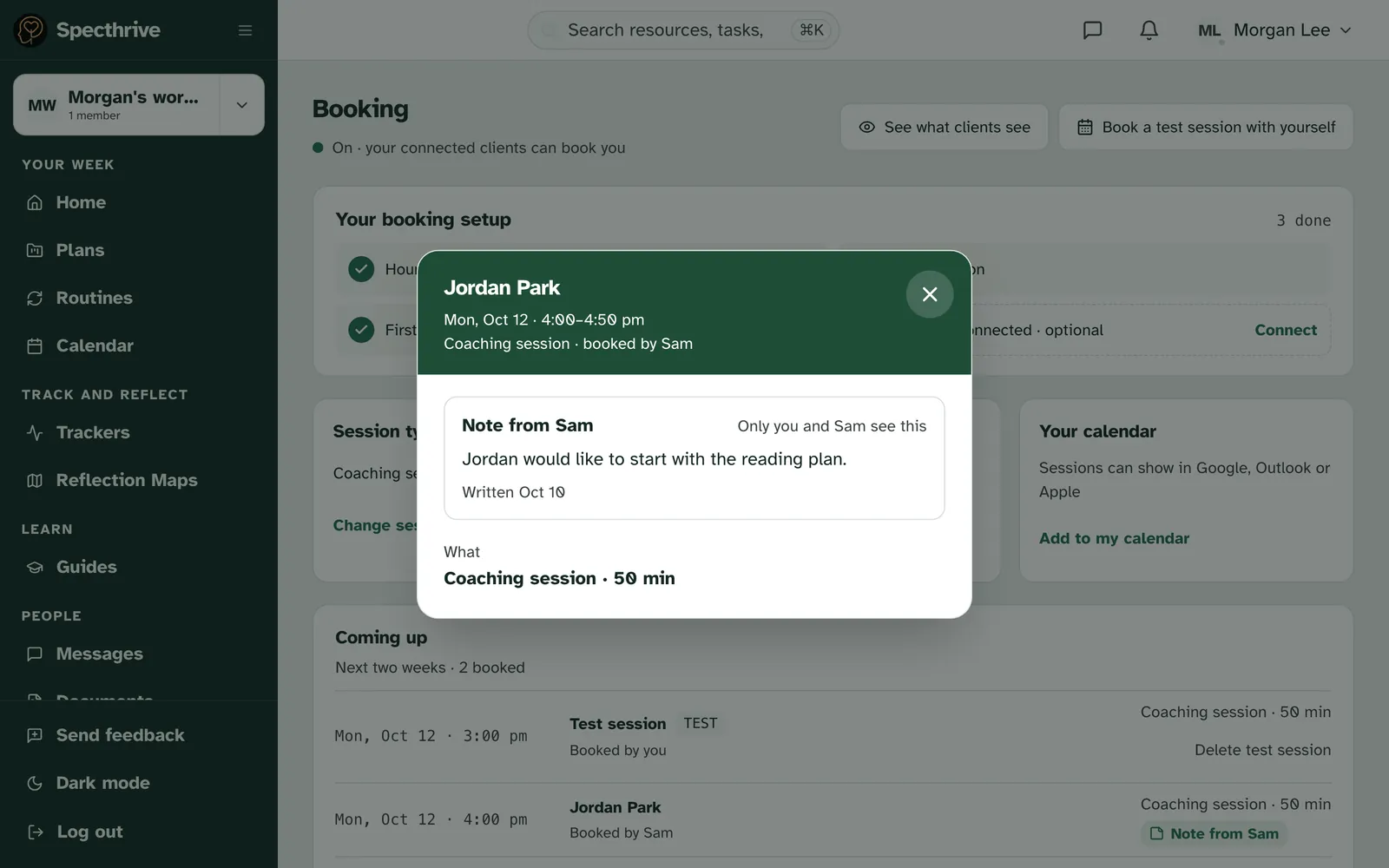 A session opened from Coming up, with Jordan Park, Mon, Oct 12, a note from Sam and Only you and Sam see this