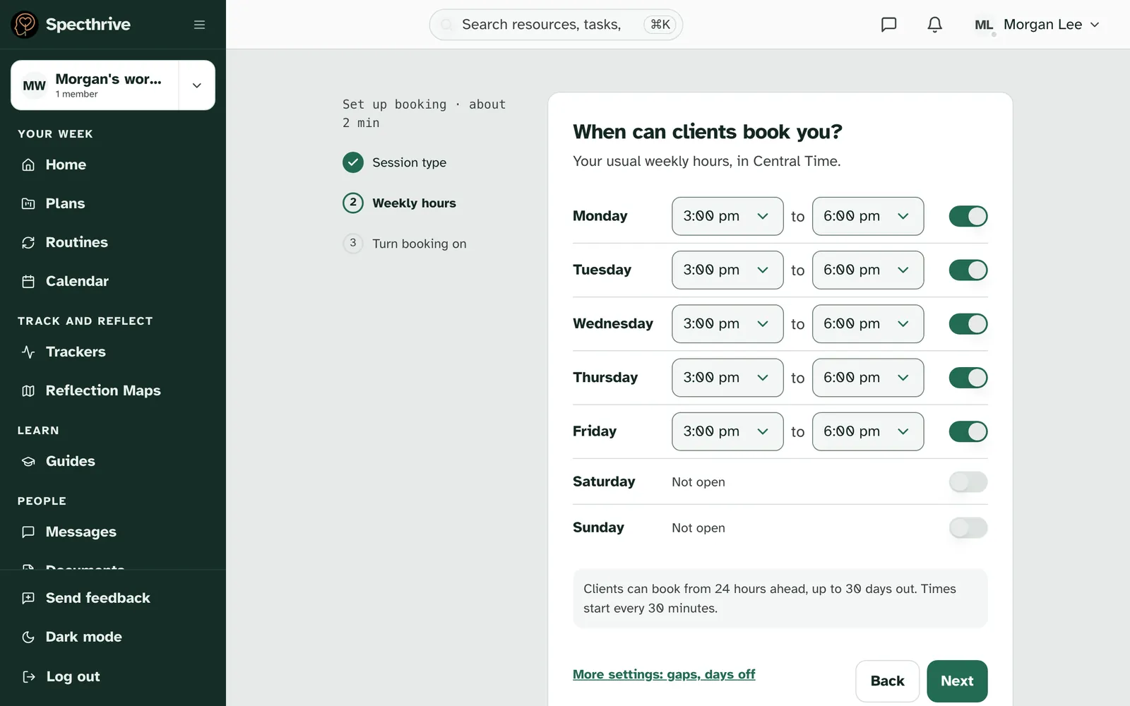 Step 2, When can clients book you?, with Monday to Friday open from 3 pm to 6 pm and the More settings: gaps, days off link under the days