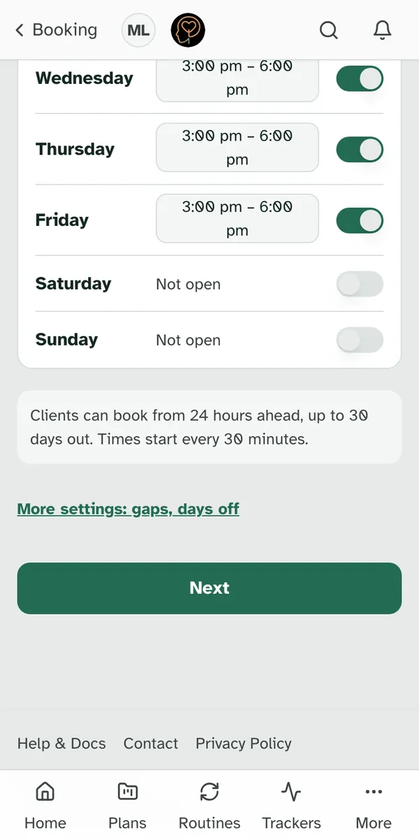 The same screen on a phone, scrolled down to the note, the More settings link and Next