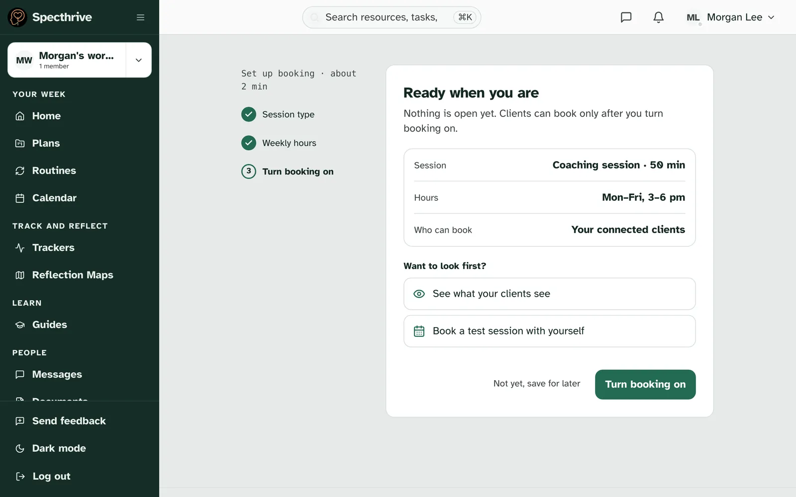 Step 3, Ready when you are, listing the session, the hours and who can book, with Turn booking on and Not yet, save for later