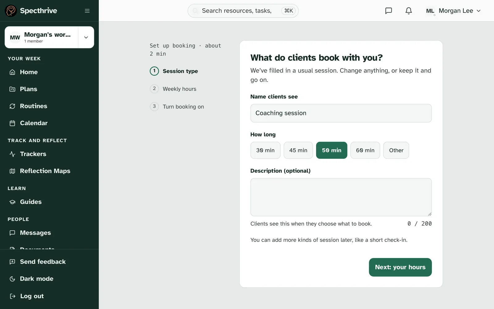 Step 1, What do clients book with you?, with Coaching session, 50 min chosen and an empty Description (optional) box