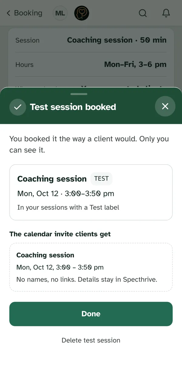 Test session booked on a phone, with Done and Delete test session at the bottom