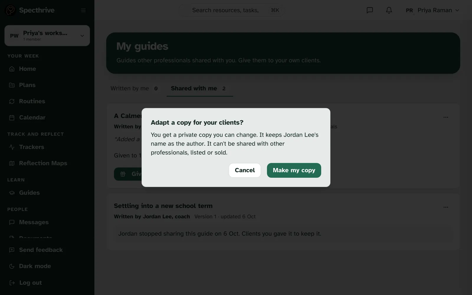Adapt a copy for your clients? with Cancel and Make my copy