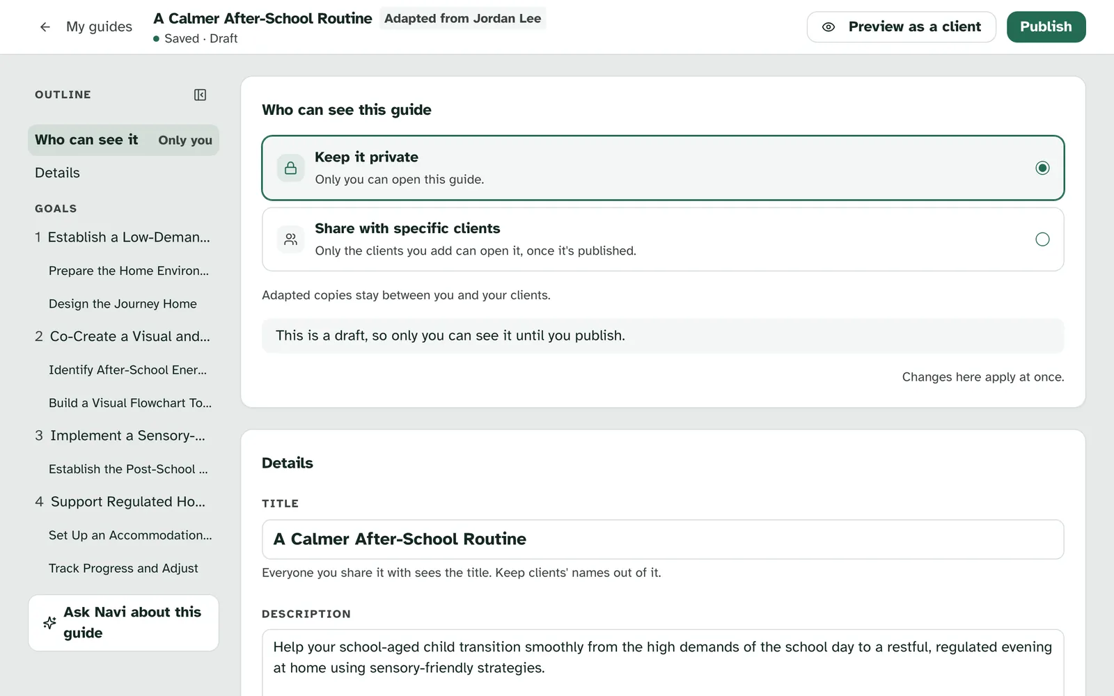 Priya's copy of A Calmer After-School Routine in the editor, marked Adapted from Jordan Lee