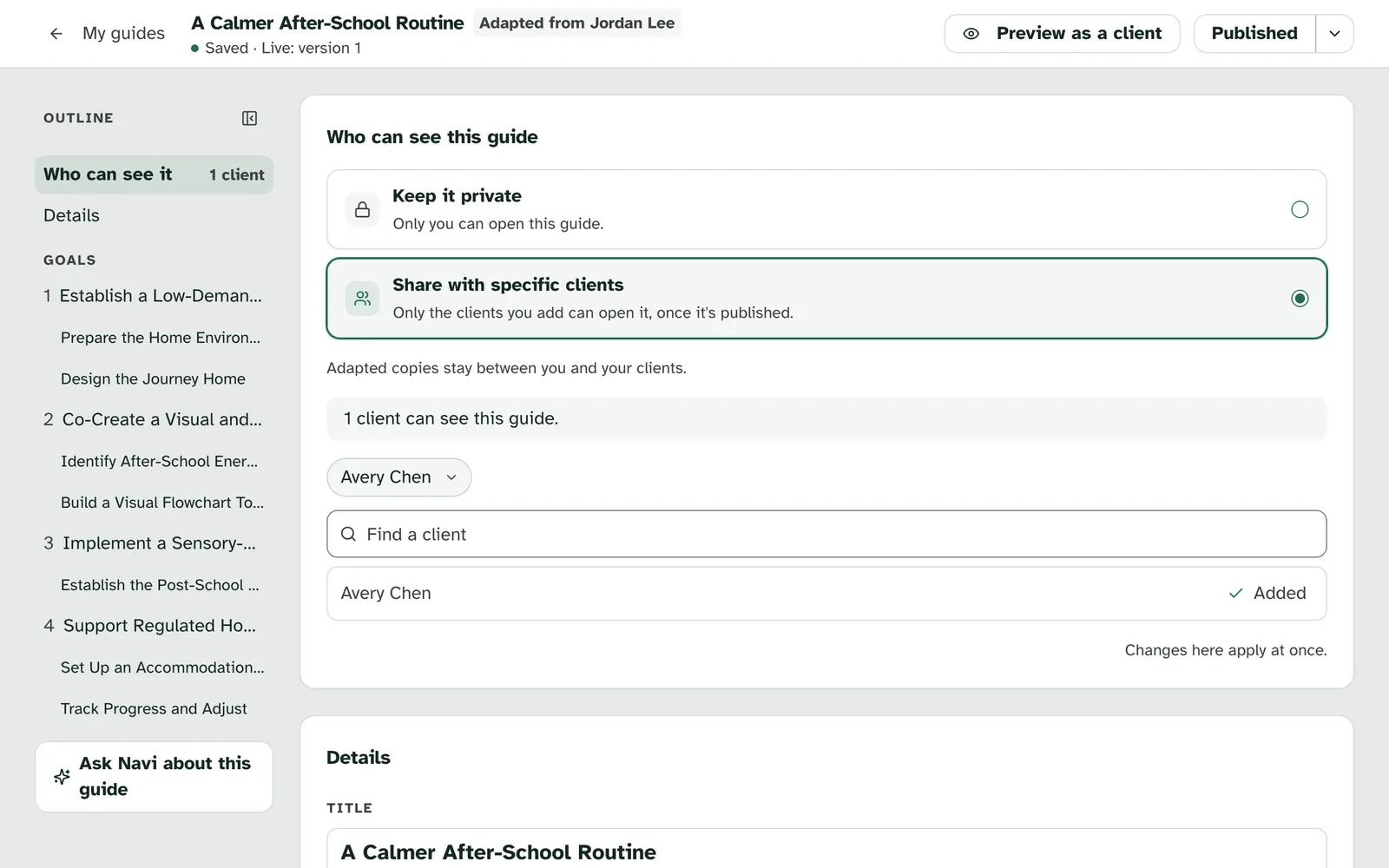 Who can see this guide on a copy, with Keep it private, Share with specific clients and Avery Chen added