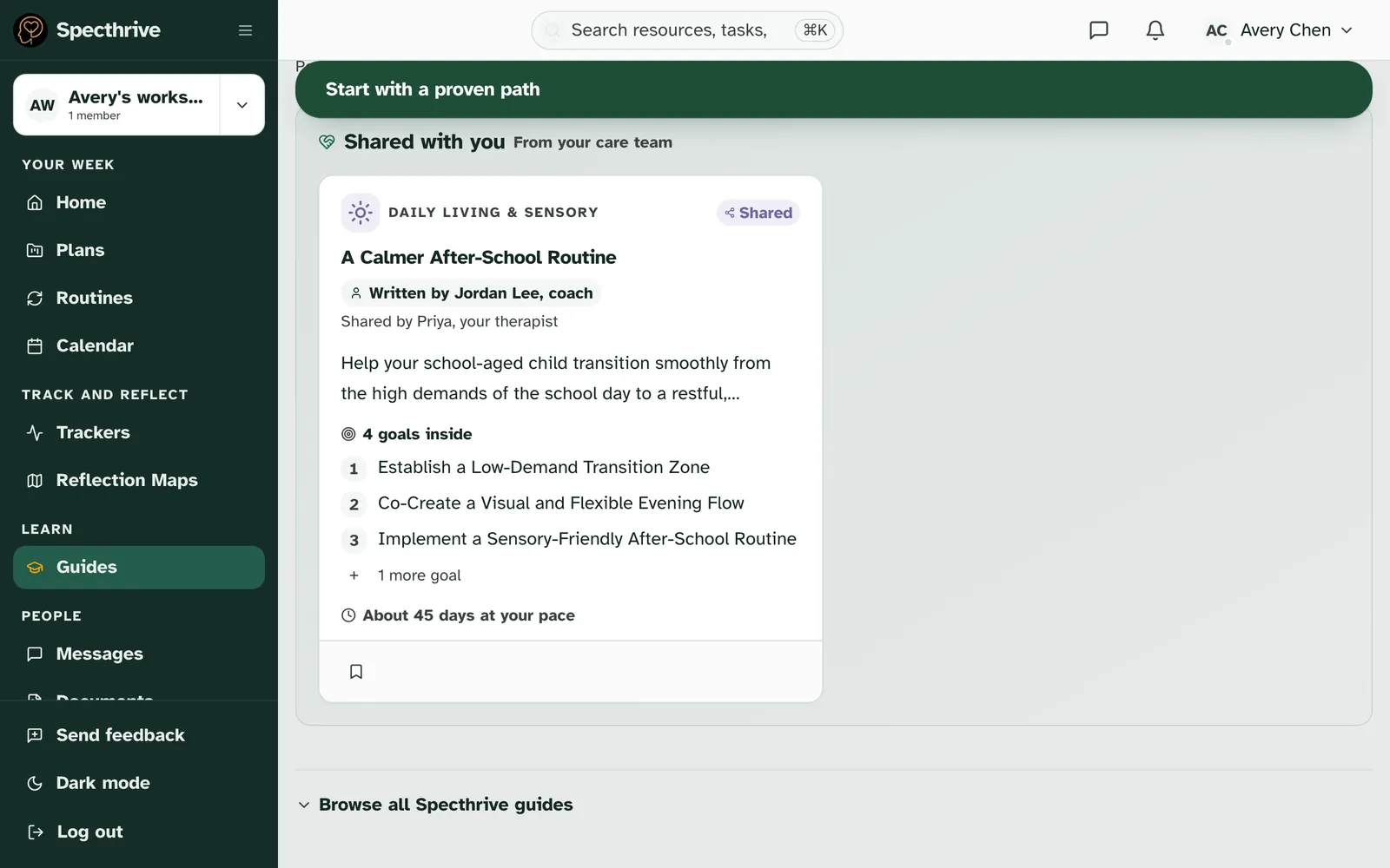 Avery Chen's Guides page, with A Calmer After-School Routine under Shared with you, written by Jordan Lee, coach, shared by Priya, your therapist