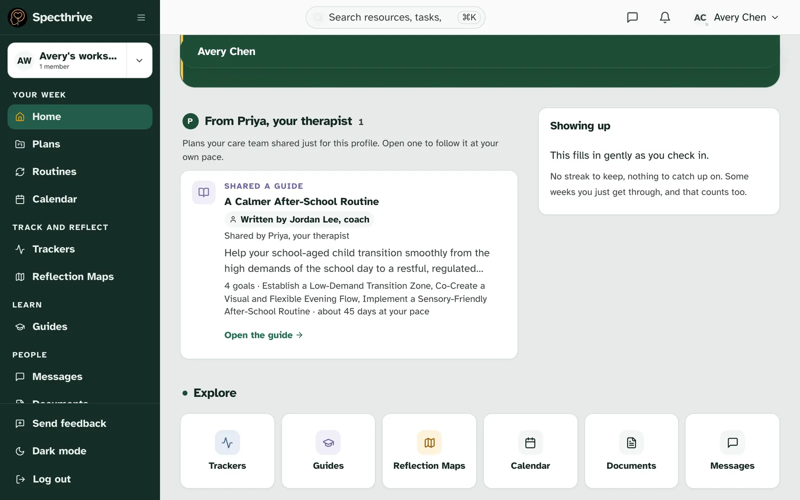 Avery Chen's Home, with From Priya, your therapist, and A Calmer After-School Routine, written by Jordan Lee, coach, shared by Priya, your therapist