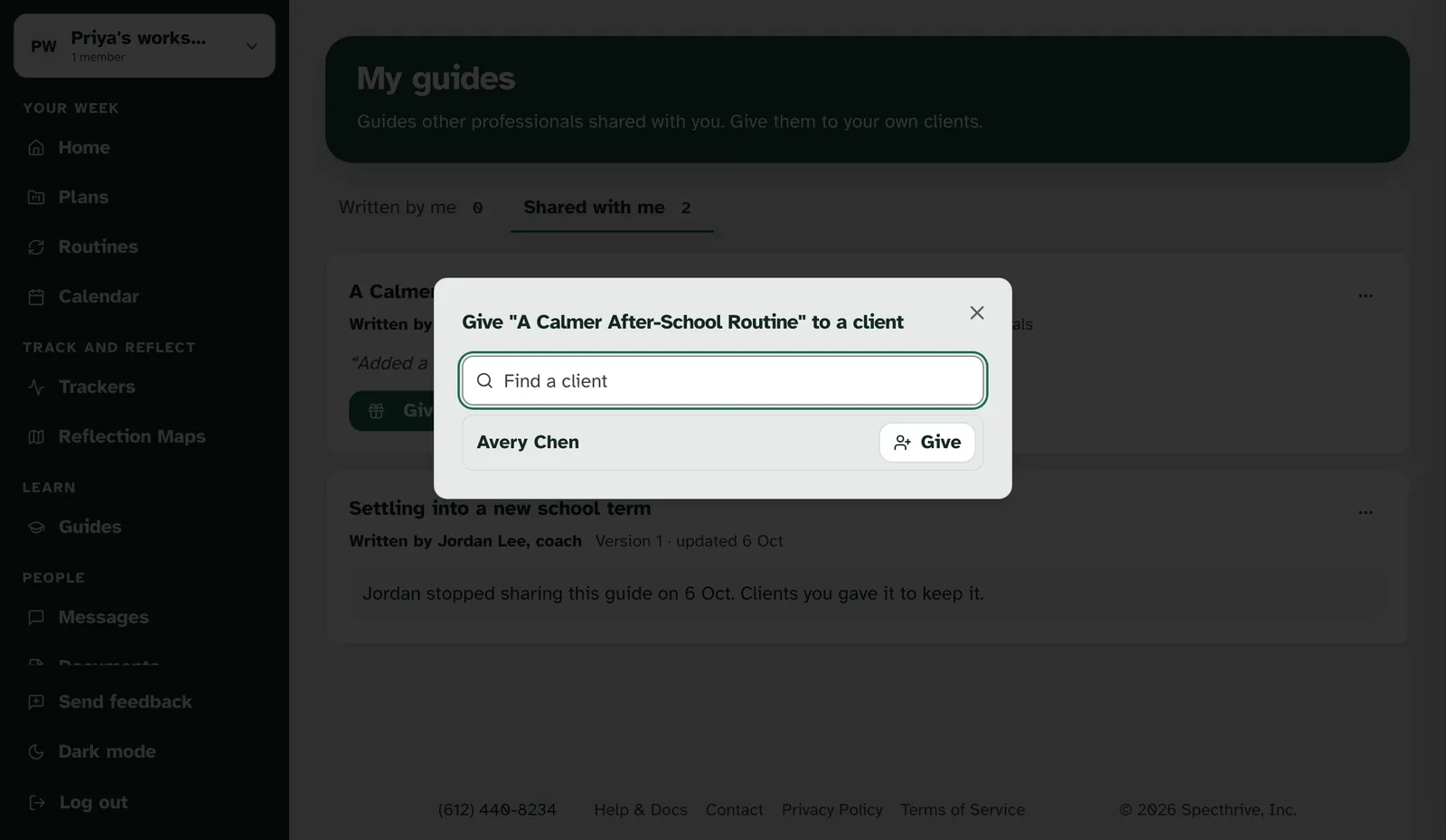 Give A Calmer After-School Routine to a client, with Avery Chen and a Give button