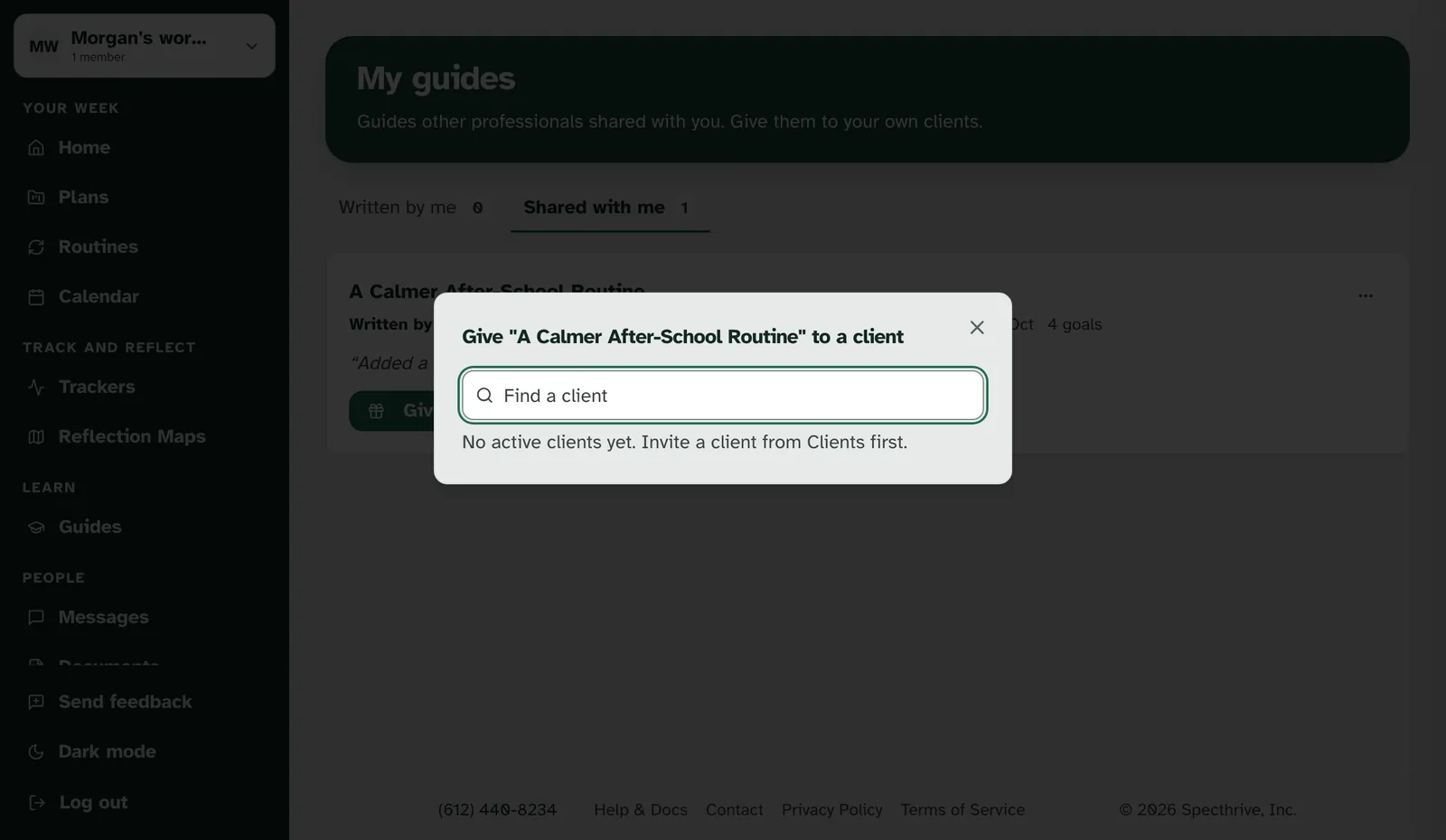 The Give window with No active clients yet. Invite a client from Clients first.