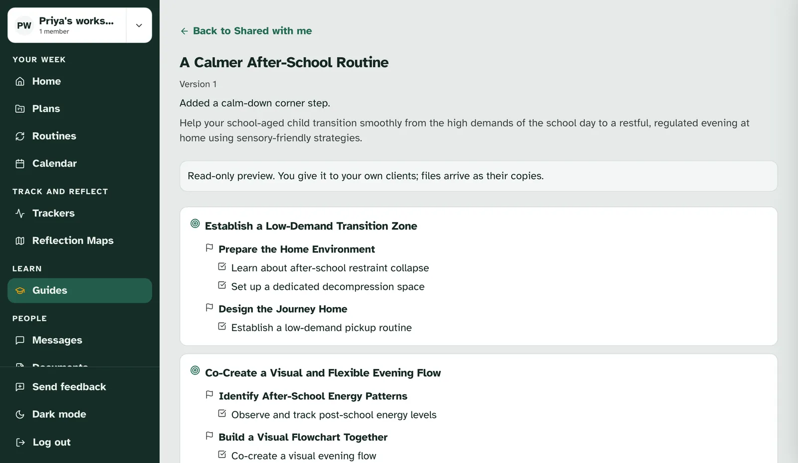 The read-only preview of A Calmer After-School Routine, version 1, with its goals and steps