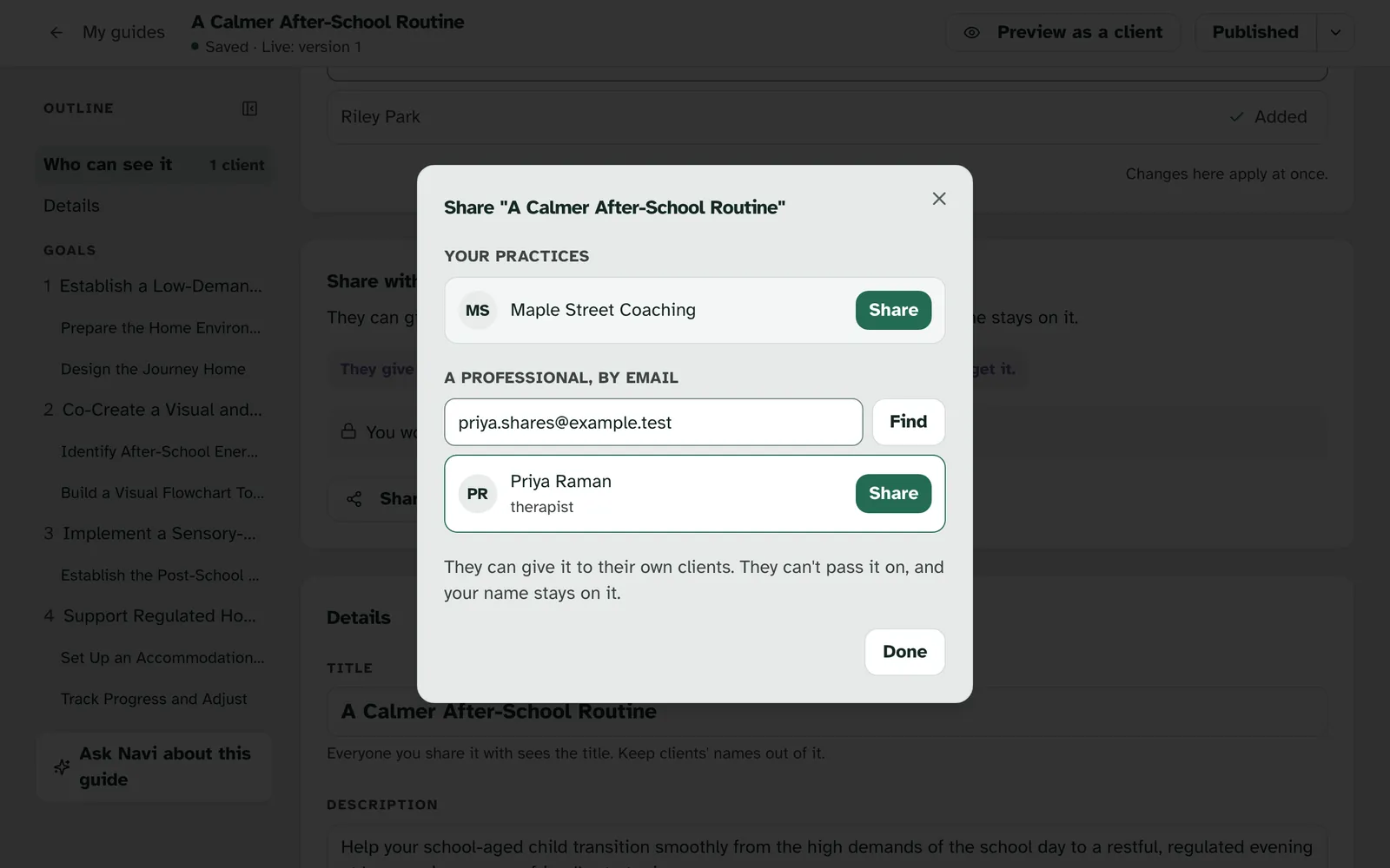 The Share window with Maple Street Coaching under Your practices, and Priya Raman, therapist, found by email