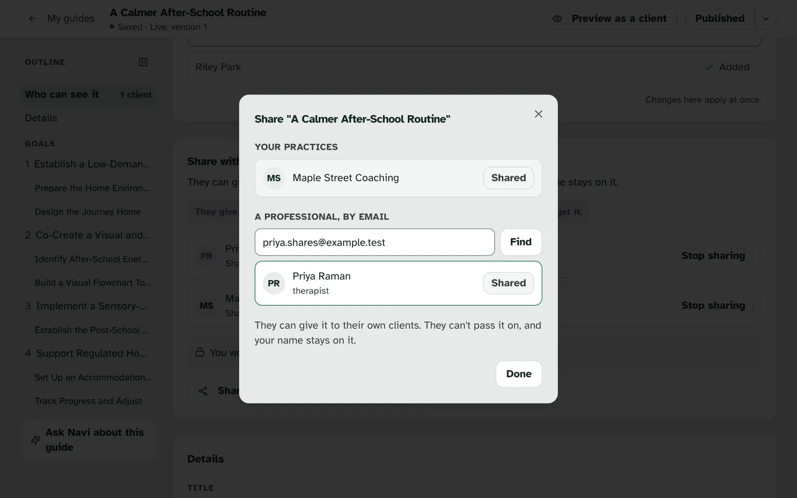 Maple Street Coaching and Priya Raman both marked Shared
