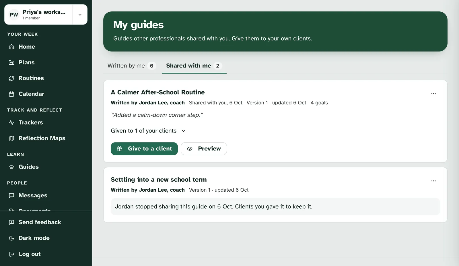 Shared with me, with A Calmer After-School Routine, written by Jordan Lee, coach, and Give to a client and Preview
