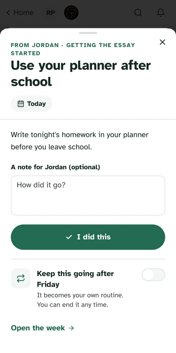 A to do opened on a phone, with A note for Jordan (optional), the box How did it go?, and I did this