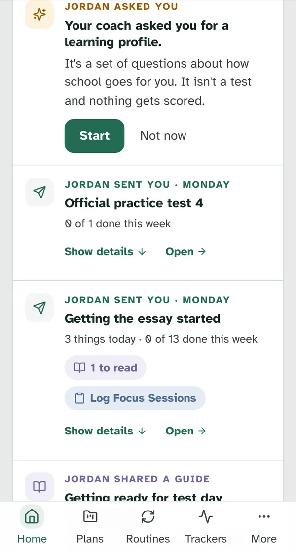 The Jordan asked you row on a phone: Your coach asked you for a learning profile., It's a set of questions about how school goes for you. It isn't a test and nothing gets scored., with Start and Not now