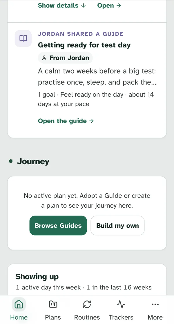 The Jordan shared a guide row on a phone with the title Getting ready for test day, From Jordan, a one-line description, 1 goal · Feel ready on the day · about 14 days at your pace, and Open the guide