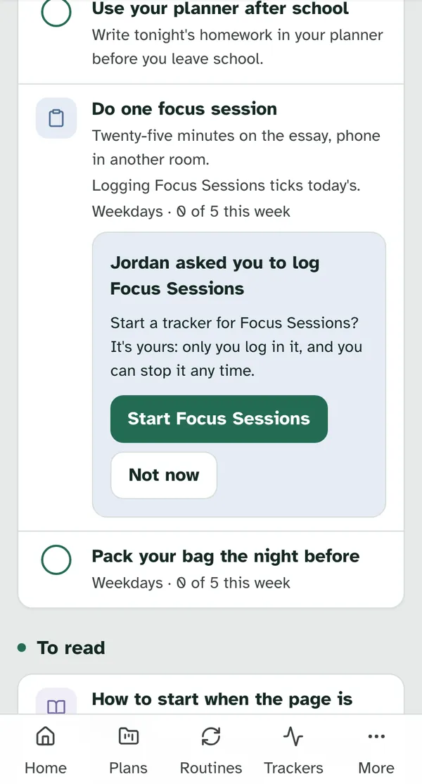 The start question on a phone: Jordan asked you to log Focus Sessions, Start a tracker for Focus Sessions? It's yours: only you log in it, and you can stop it any time., with Start Focus Sessions and Not now