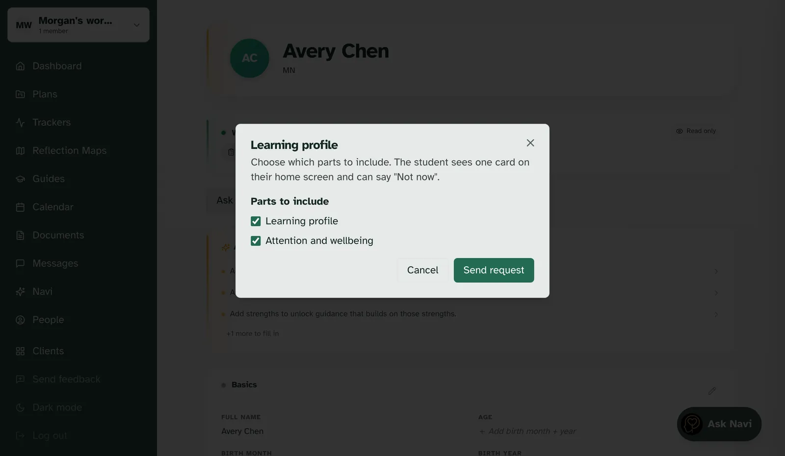 The Ask for a questionnaire window on a student's profile, with the parts to include ticked and the Send request button