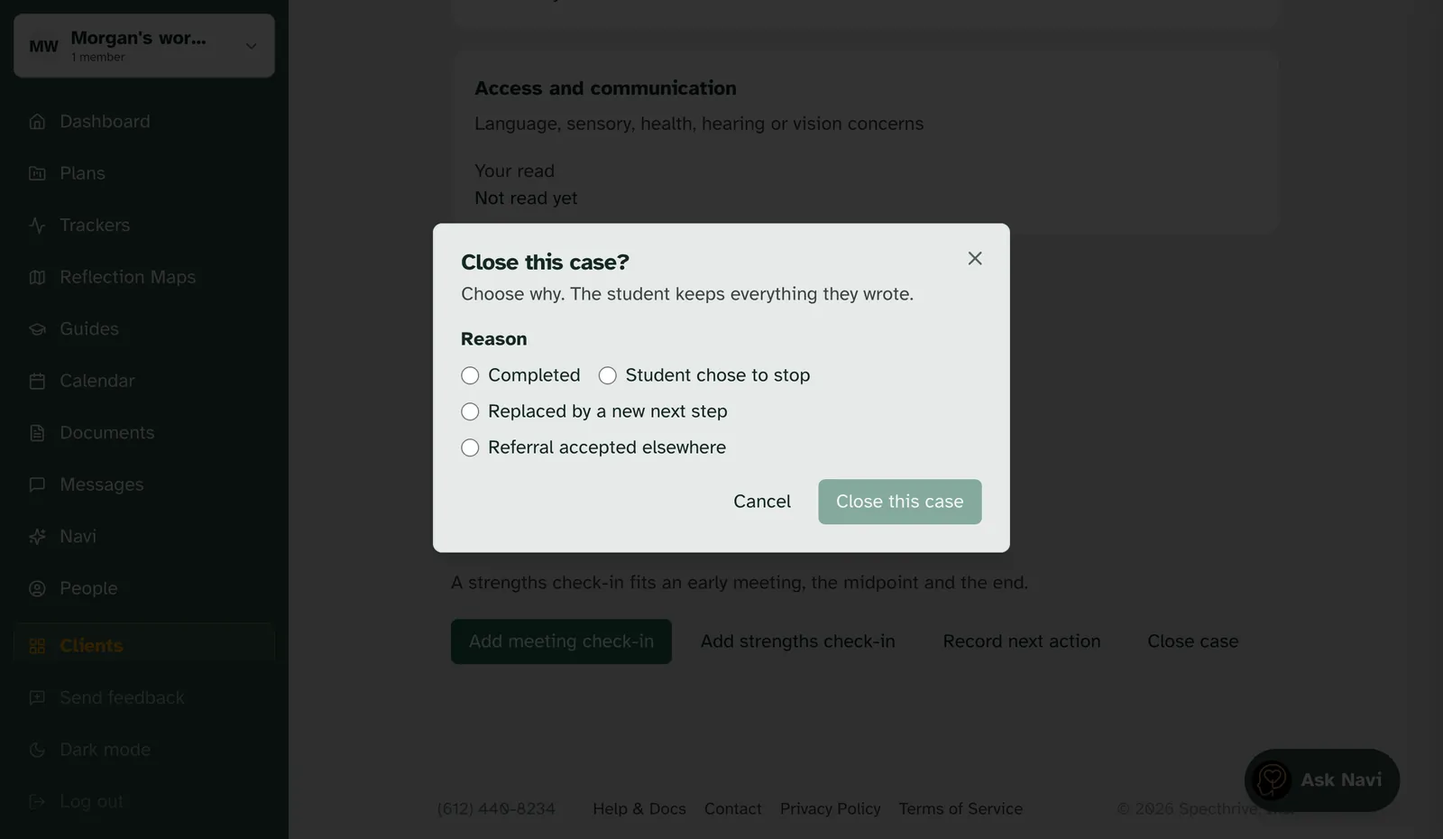 The Close this case window, with the reasons and the Close this case button