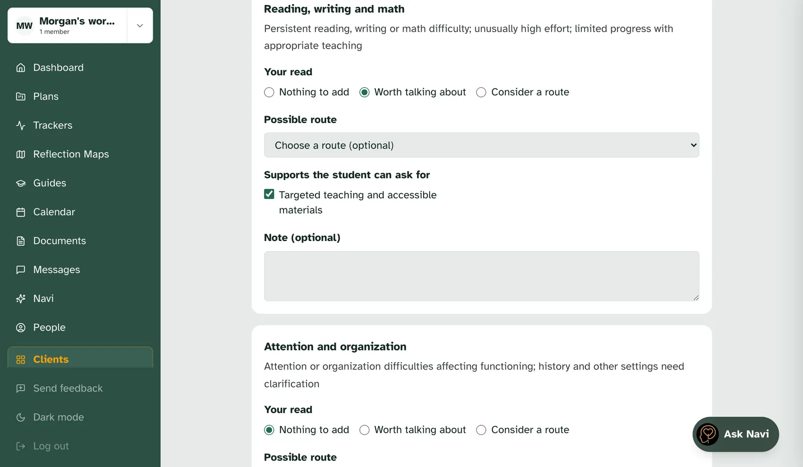 The Reading, writing and math domain, with Worth talking about chosen and one support ticked