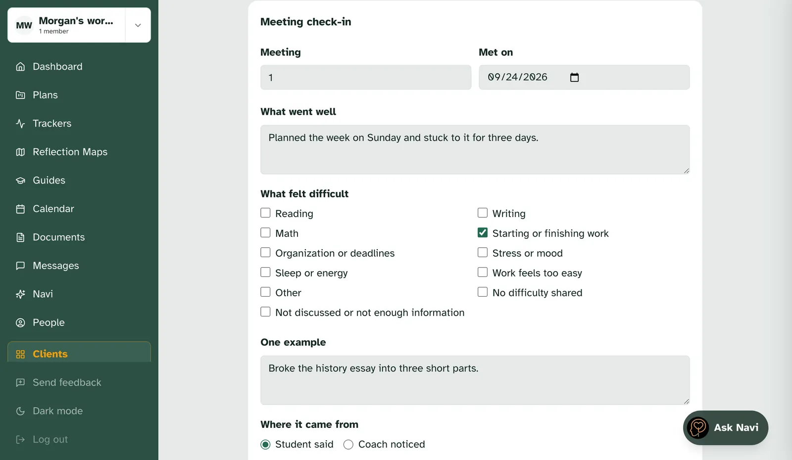 The meeting check-in form, filled in, with the next step and whose step it is