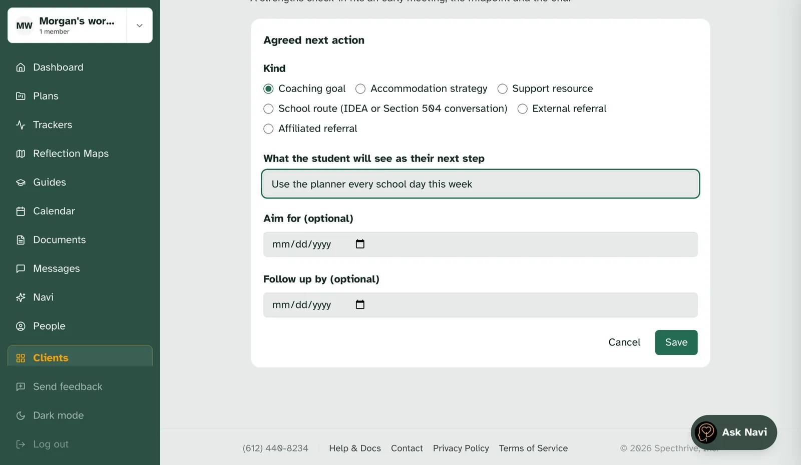 The Agreed next action form with Coaching goal chosen and the step: Use the planner every school day this week