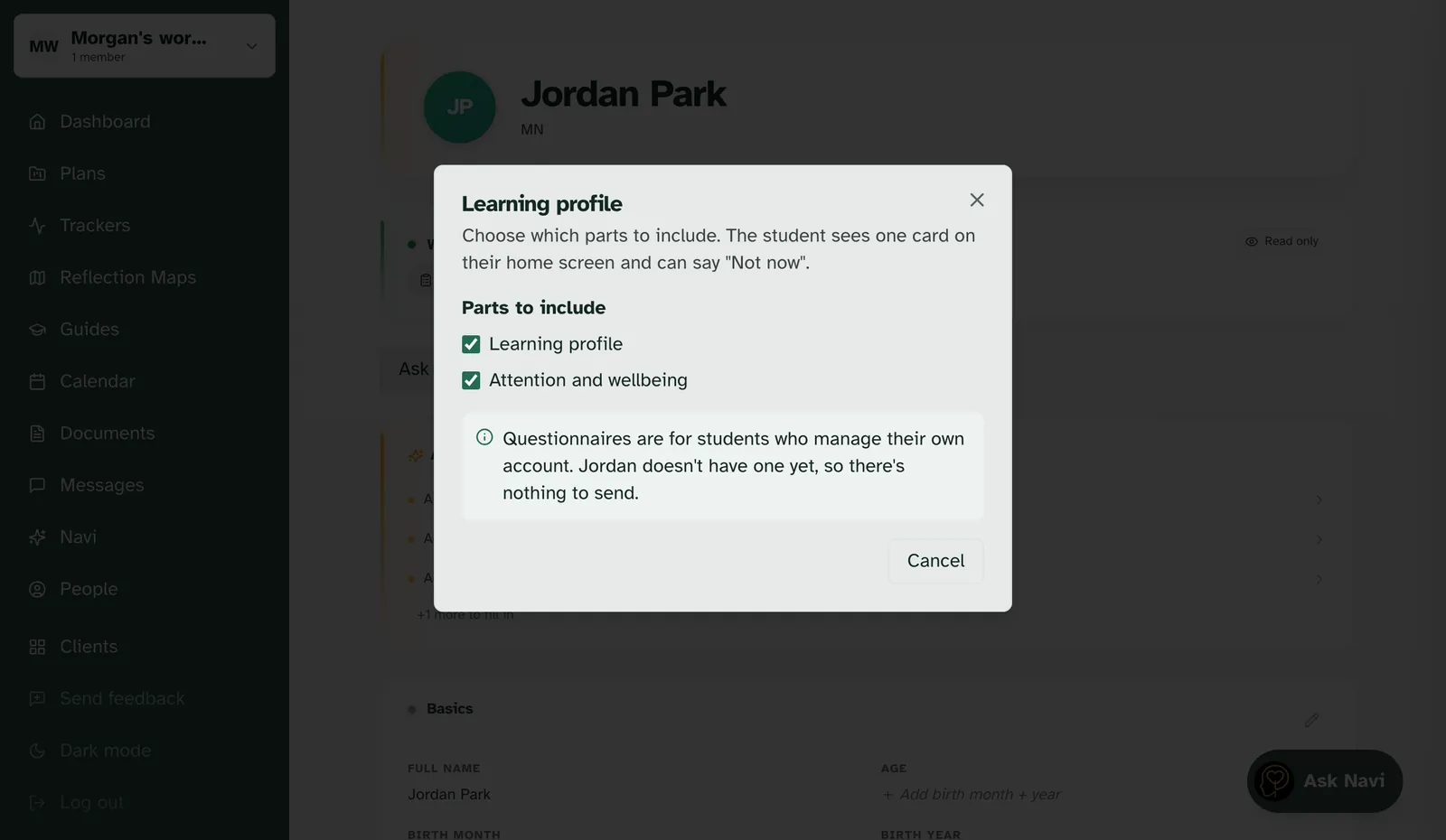A profile managed by a parent, where the questionnaire area reads: Questionnaires are for students who manage their own account. Jordan doesn't have one yet, so there's nothing to send.
