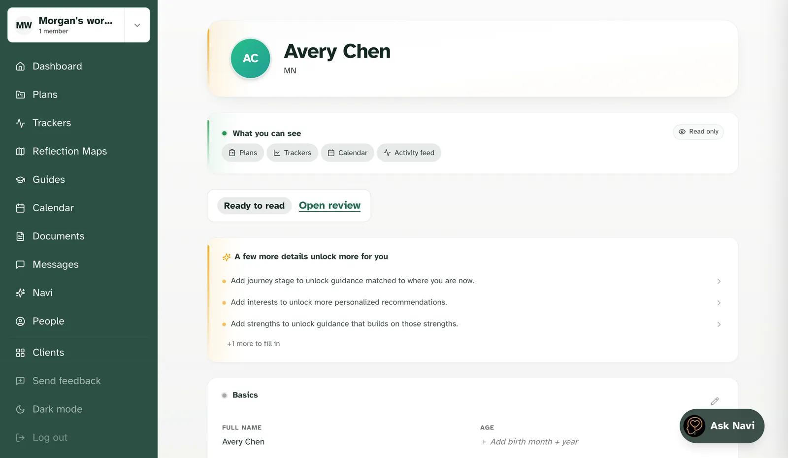 The student's profile with the questionnaire marked Ready to read and an Open review link