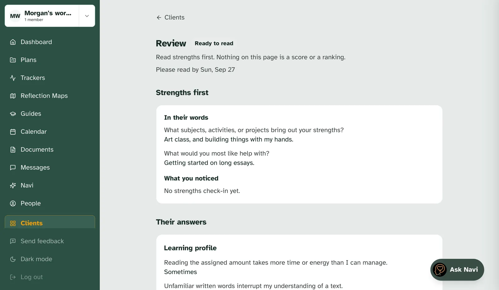 The top of the review page: the strengths-first reminder, the Please read by line and the Strengths first section