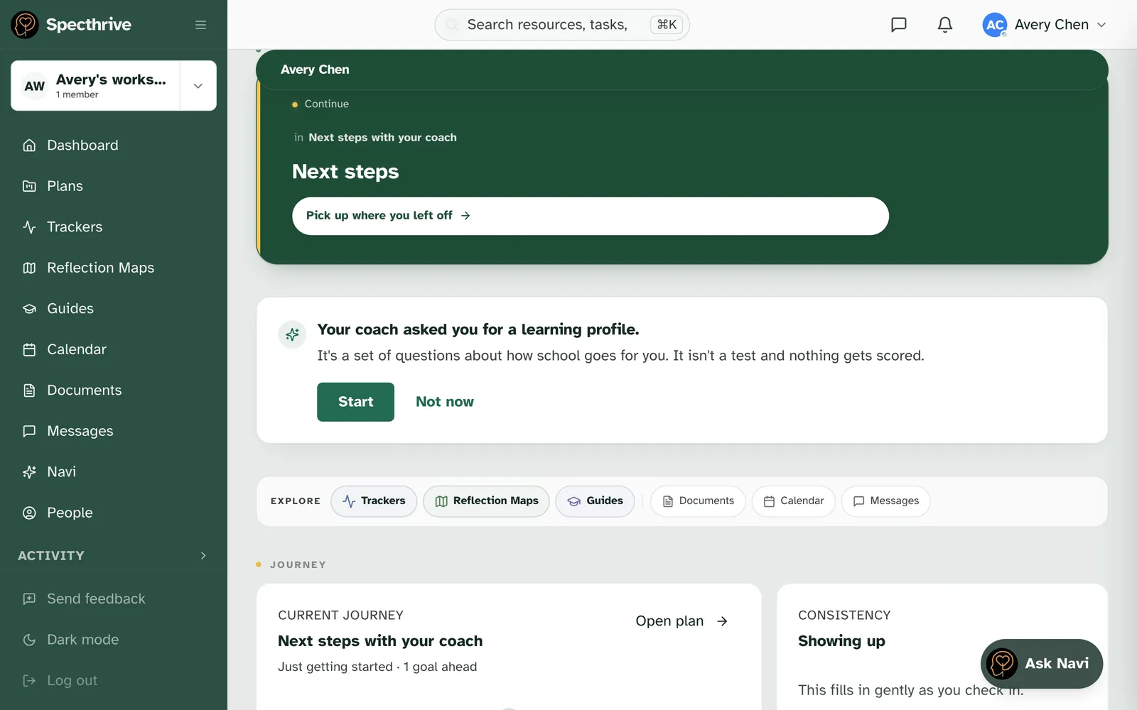 The student's home screen with the card: Your coach asked you for a learning profile, with Start and Not now