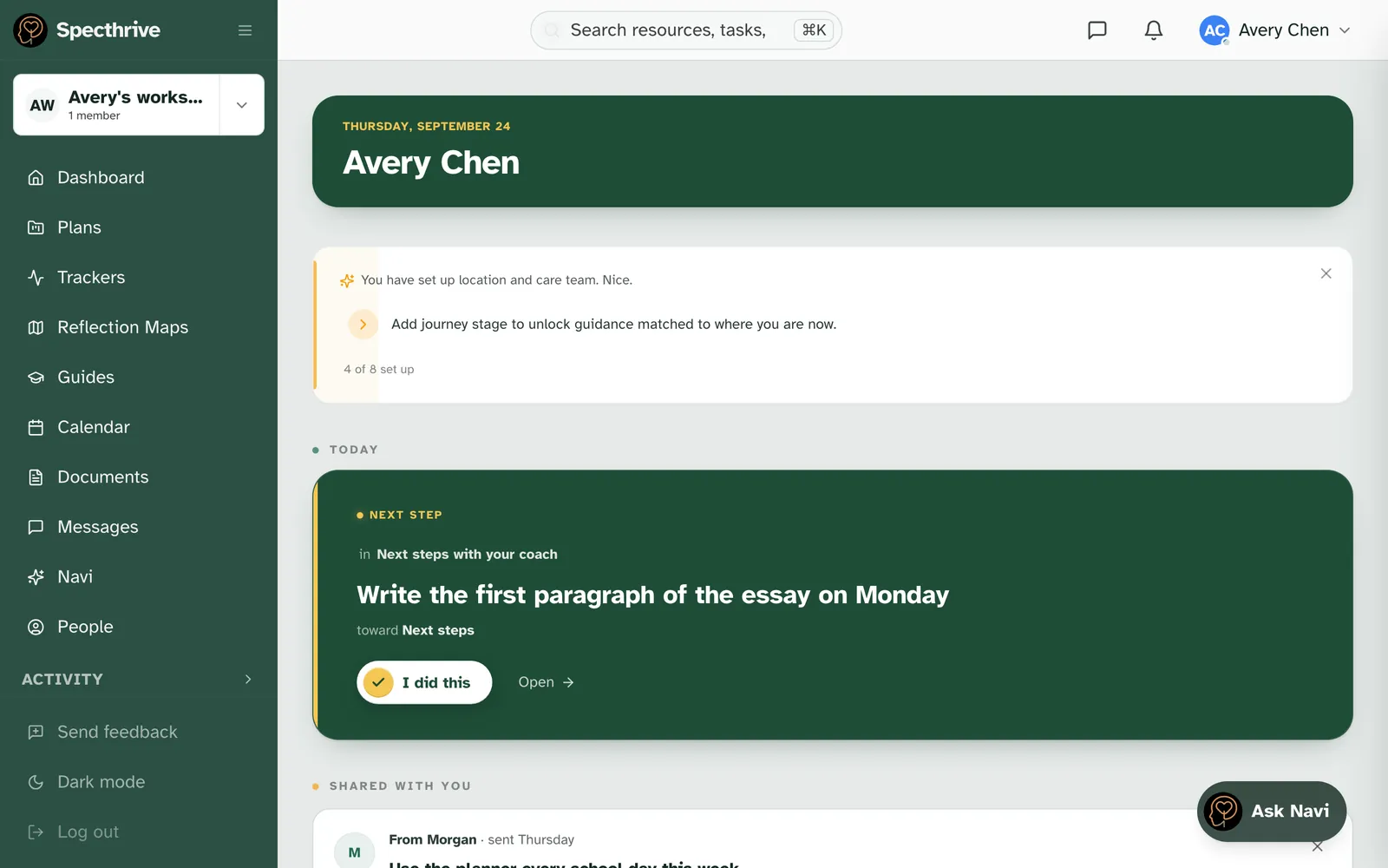 The student's home screen, showing their next step from the meeting