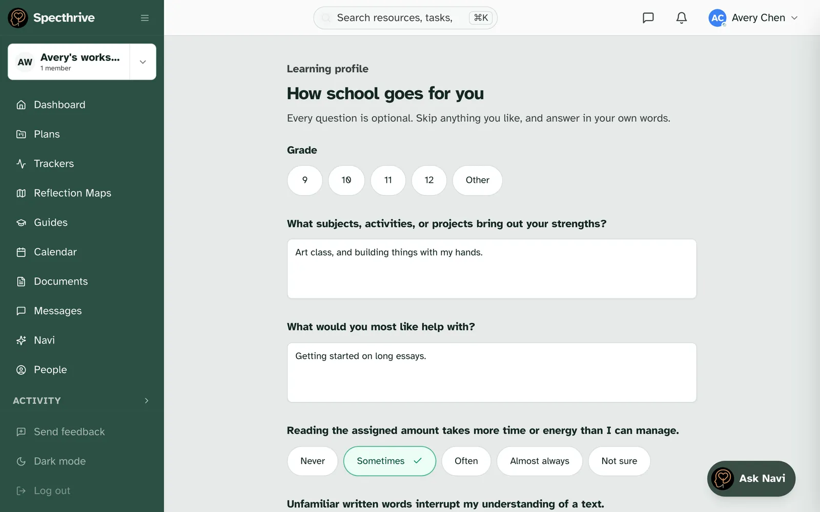 Page one of the questionnaire, How school goes for you, with some statements answered