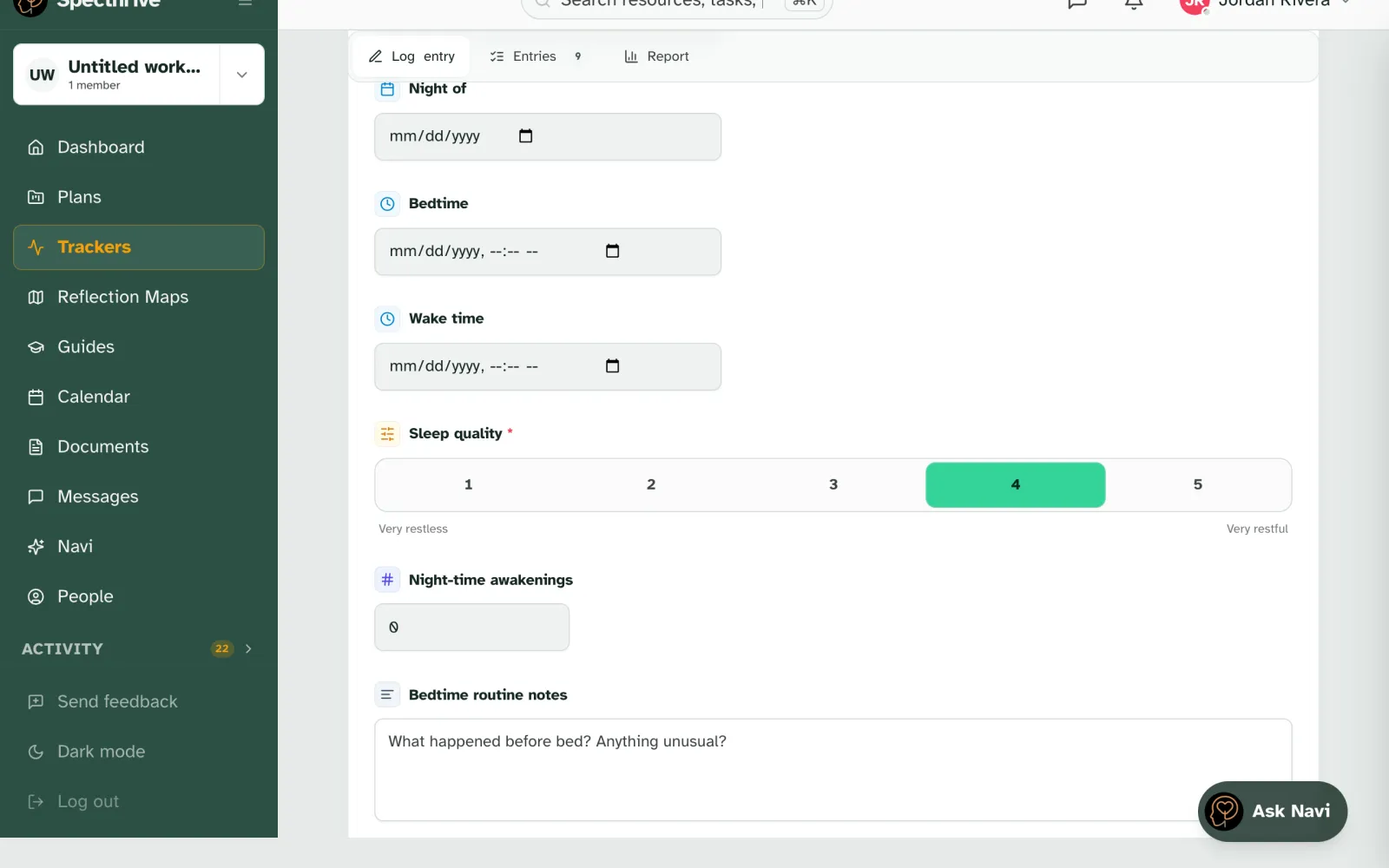 The Sleep Log entry form with sleep quality set to 4 of 5, and the same form on a phone as a sheet with a Log entry button
