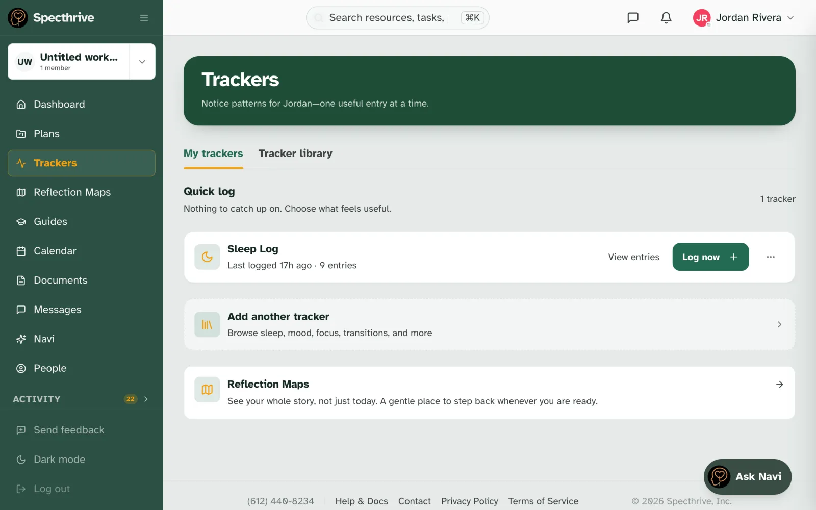 My trackers, with a Sleep Log card showing when it was last logged, a Log now button and View entries