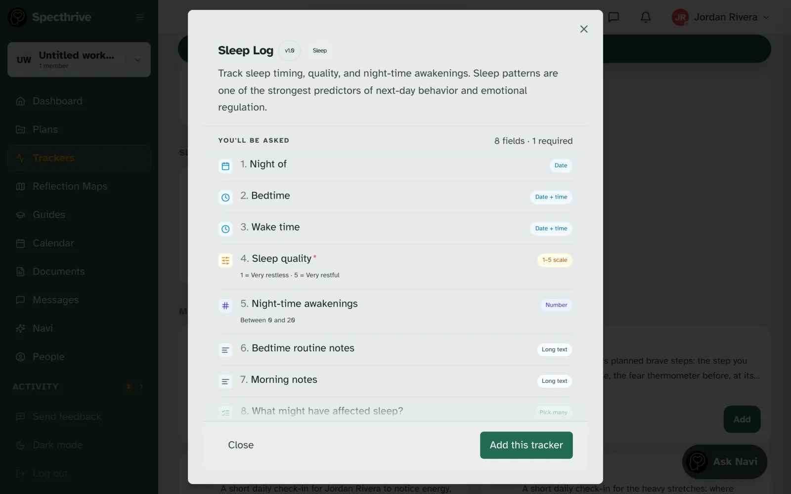The Sleep Log preview, listing its eight questions, with sleep quality as the one required answer and an Add this tracker button