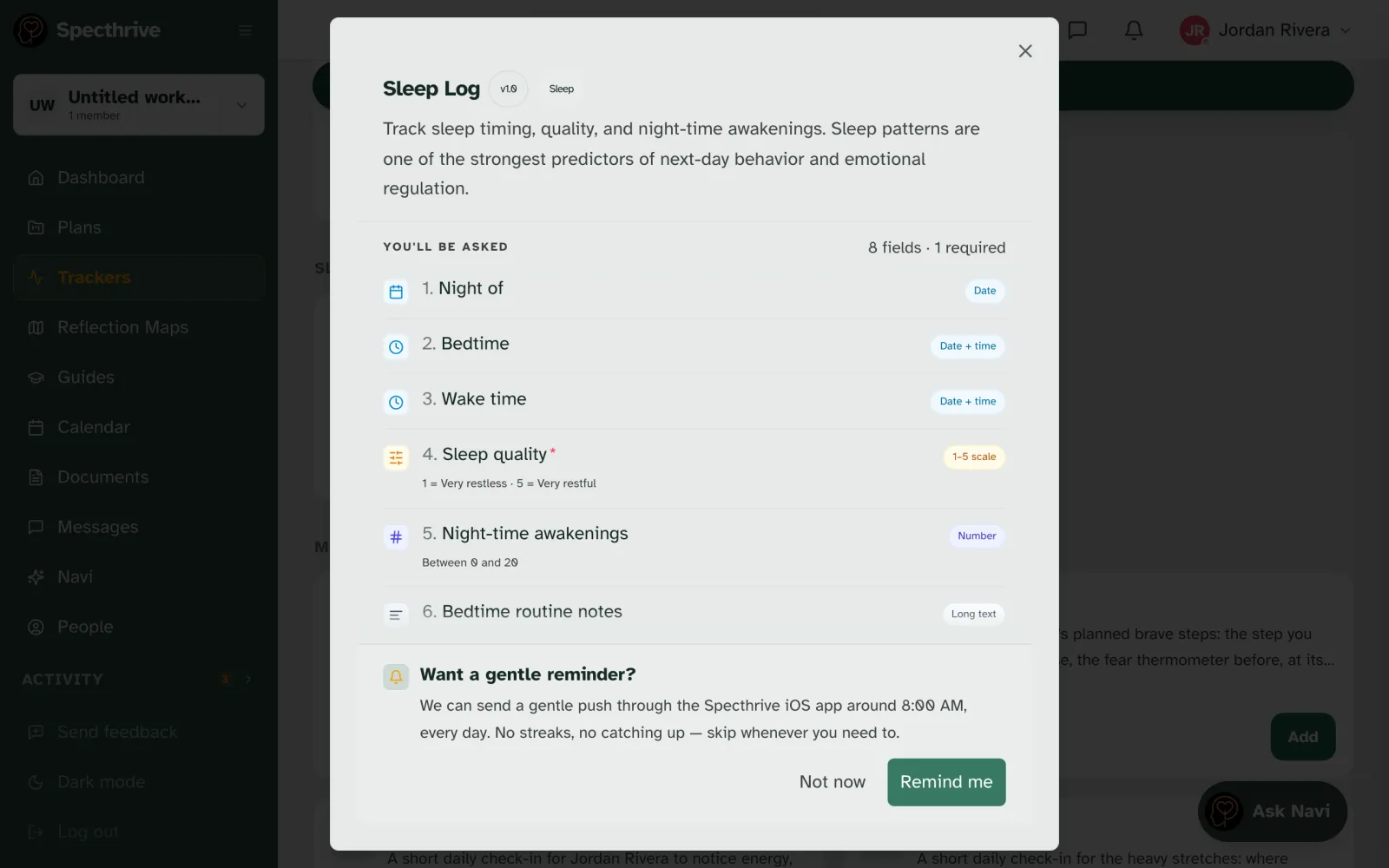 The Want a gentle reminder? question shown after adding a tracker, with Remind me and Not now