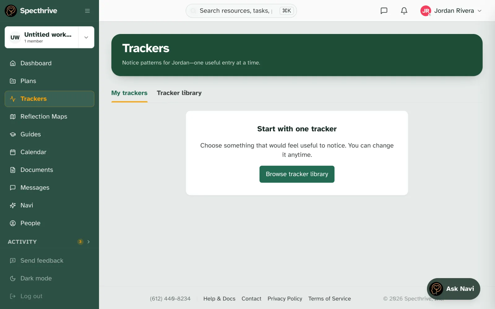 The Trackers page before any are added, with a Start with one tracker card and a Browse tracker library button