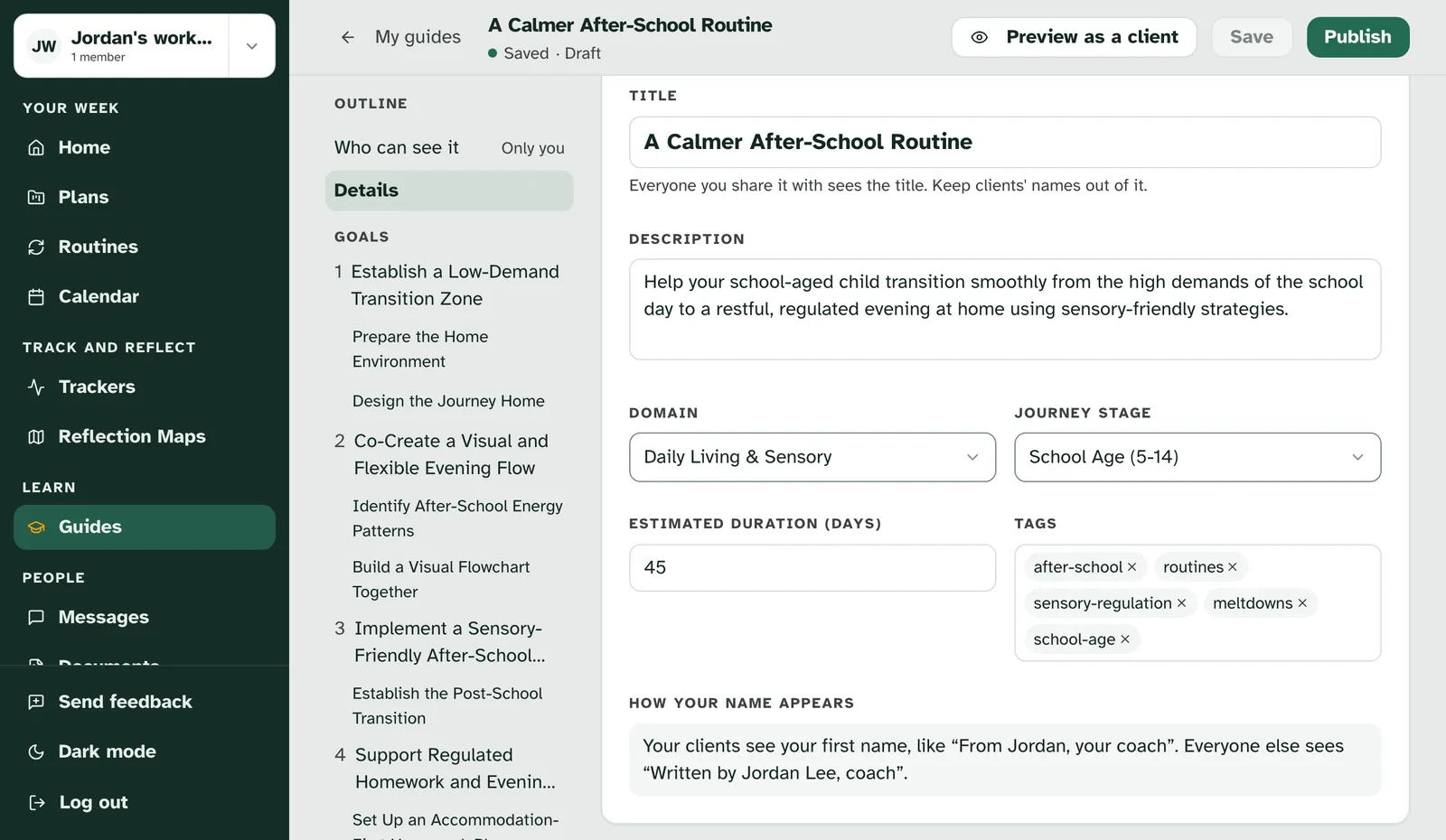 The Details section: title, description, domain, journey stage and estimated duration