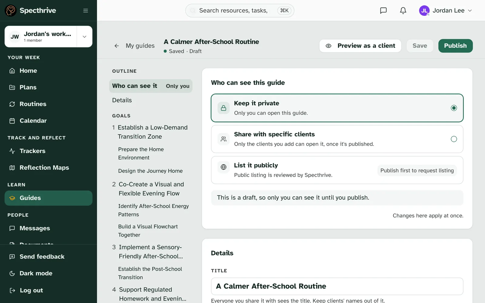 The editor for A Calmer After-School Routine, with the outline of four goals on the left