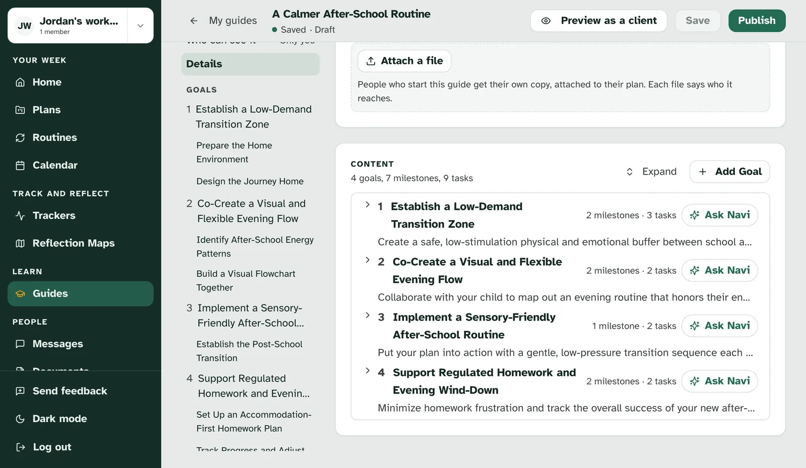 Files for the whole guide, with Attach a file, above the goals