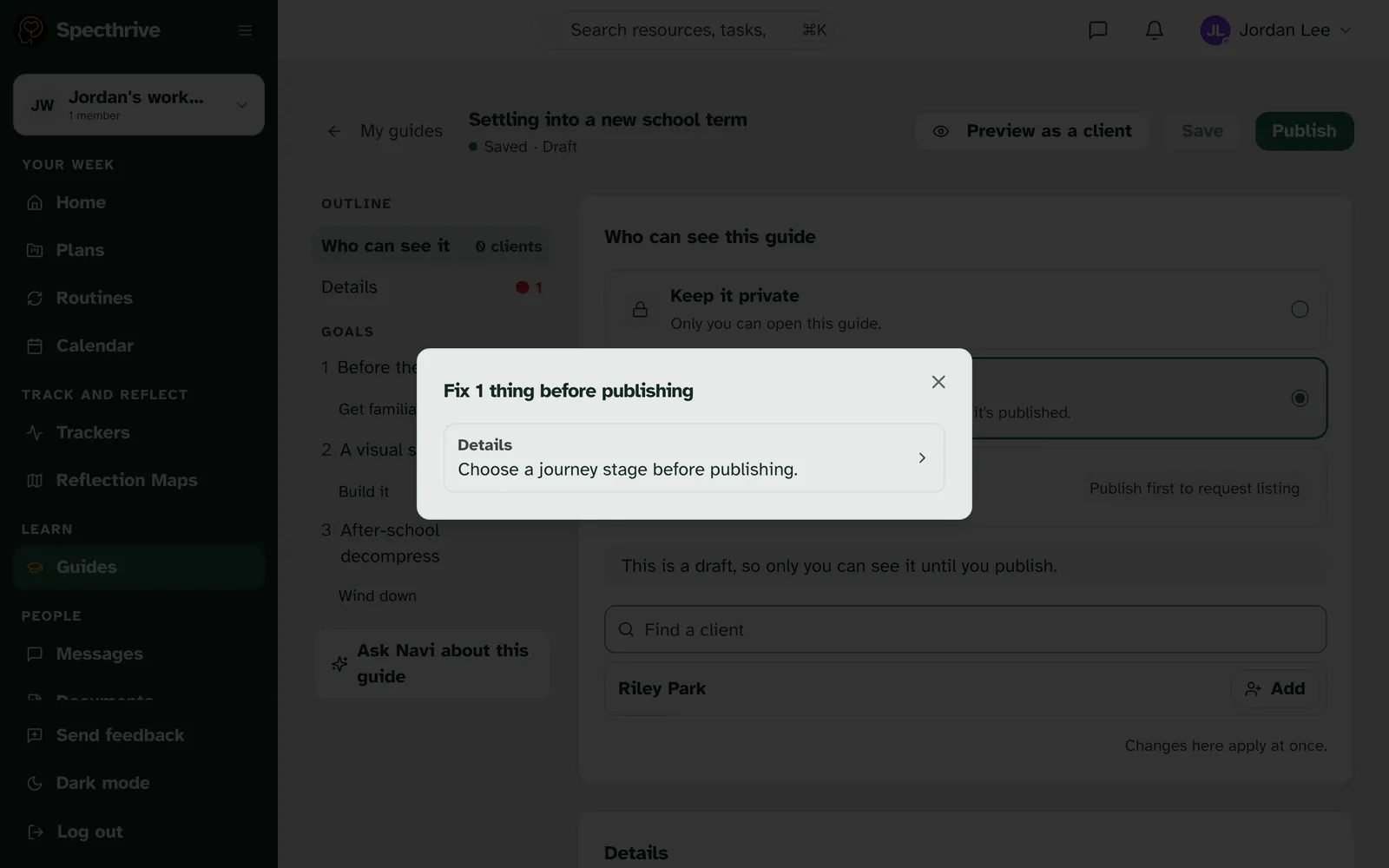 Fix 1 thing before publishing, with Choose a journey stage before publishing under Details