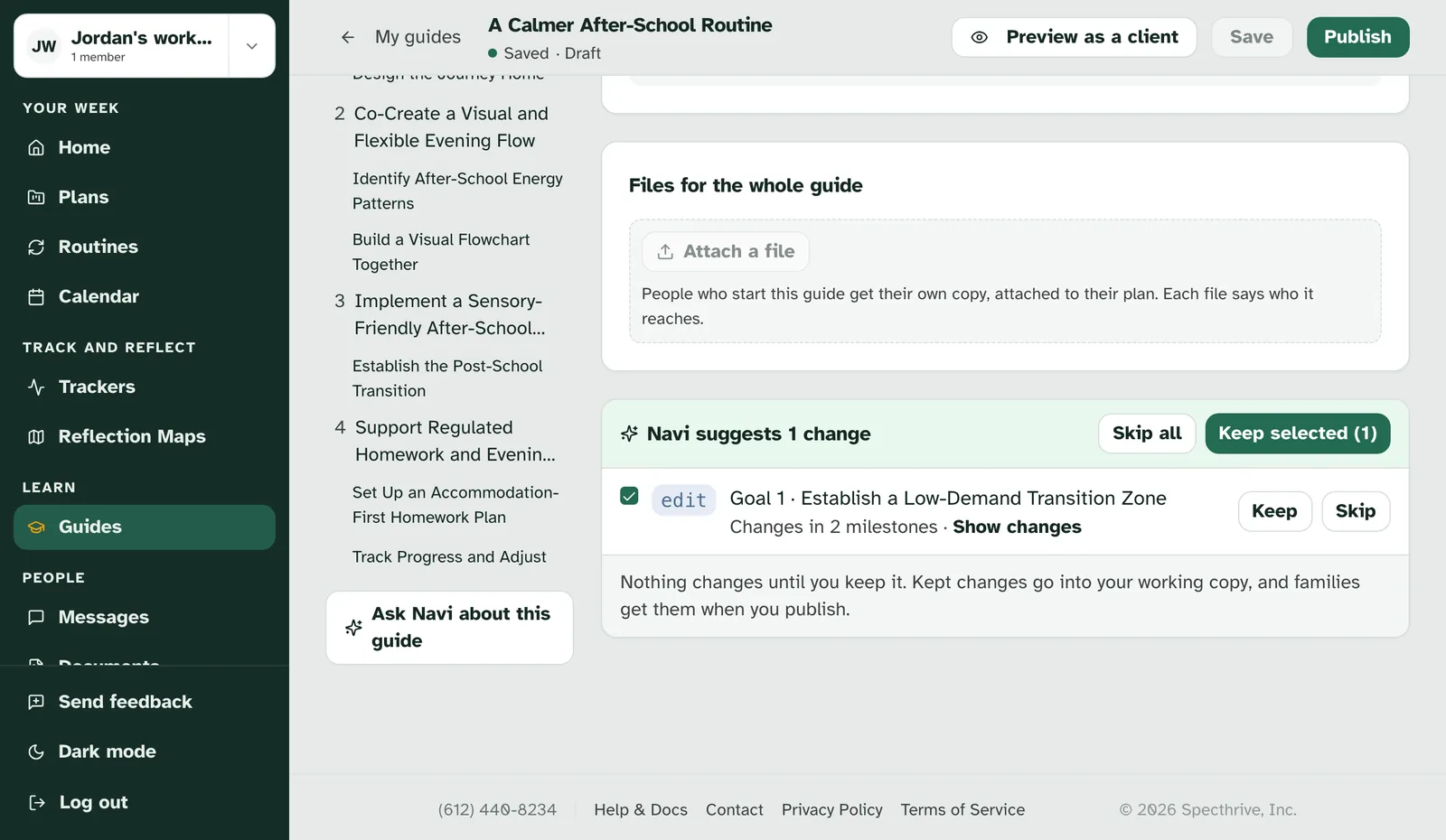 Navi suggests 1 change: an edit to goal 1, Establish a Low-Demand Transition Zone, with Keep and Skip